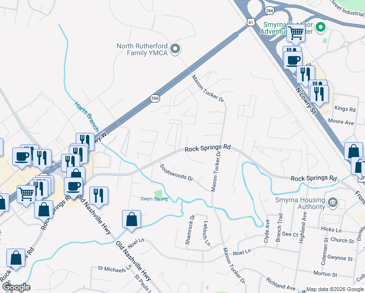 map of restaurants, bars, coffee shops, grocery stores, and more near 102 Tammy Circle in Smyrna