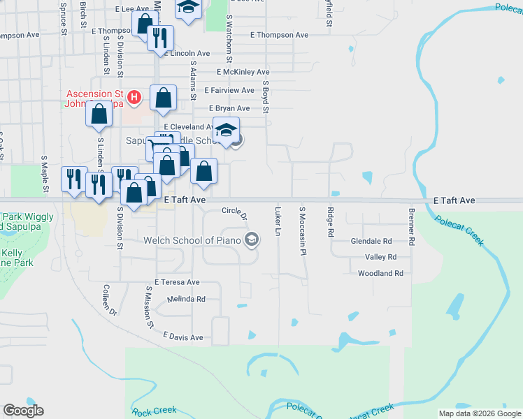 map of restaurants, bars, coffee shops, grocery stores, and more near 1241 Circle Drive in Sapulpa