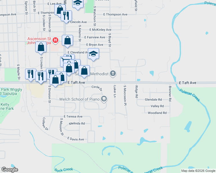 map of restaurants, bars, coffee shops, grocery stores, and more near 1241 Circle Drive in Sapulpa