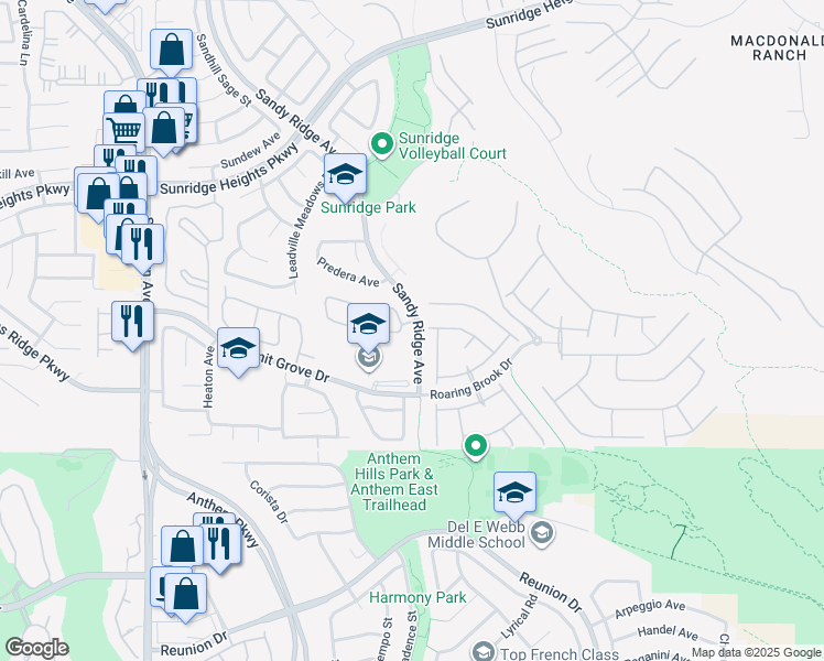 map of restaurants, bars, coffee shops, grocery stores, and more near 1086 Stone Arches Drive in Henderson