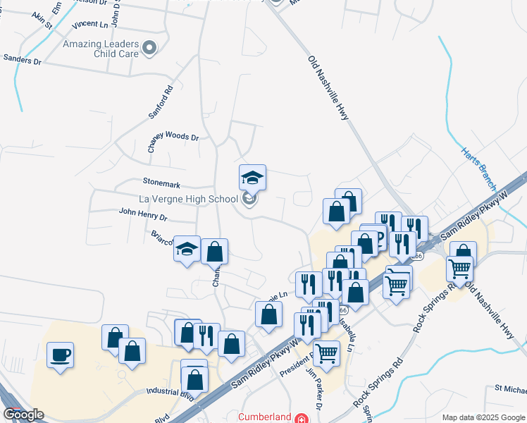map of restaurants, bars, coffee shops, grocery stores, and more near 250 Wolverine Trail in La Vergne
