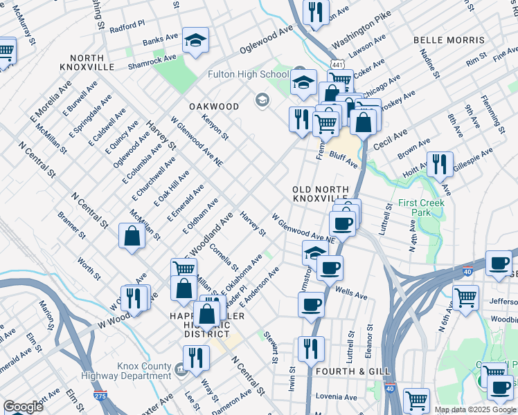 map of restaurants, bars, coffee shops, grocery stores, and more near 518 West Glenwood Avenue Northeast in Knoxville