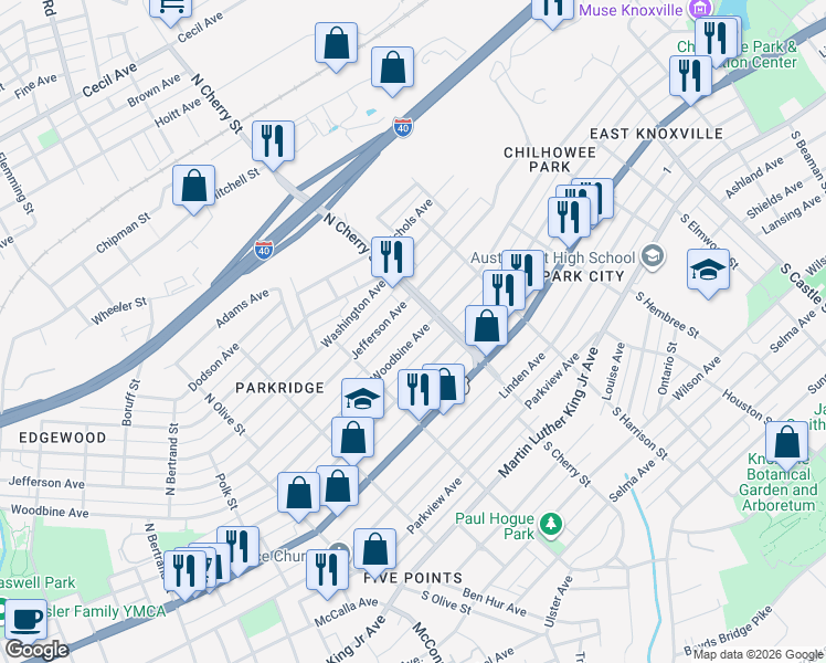 map of restaurants, bars, coffee shops, grocery stores, and more near 2553 Woodbine Avenue in Knoxville