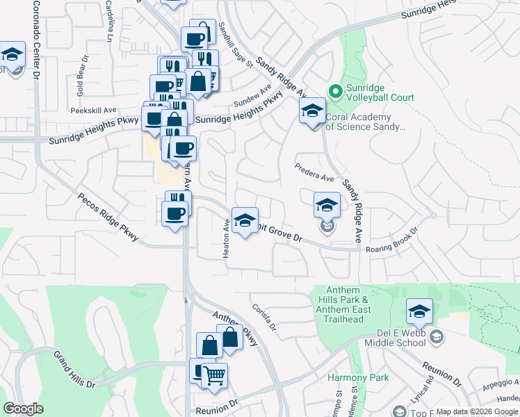 map of restaurants, bars, coffee shops, grocery stores, and more near 1136 Magic Meadow Street in Henderson