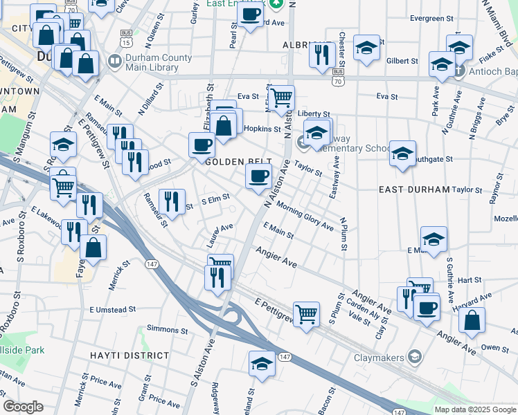 map of restaurants, bars, coffee shops, grocery stores, and more near 111 North Alston Avenue in Durham
