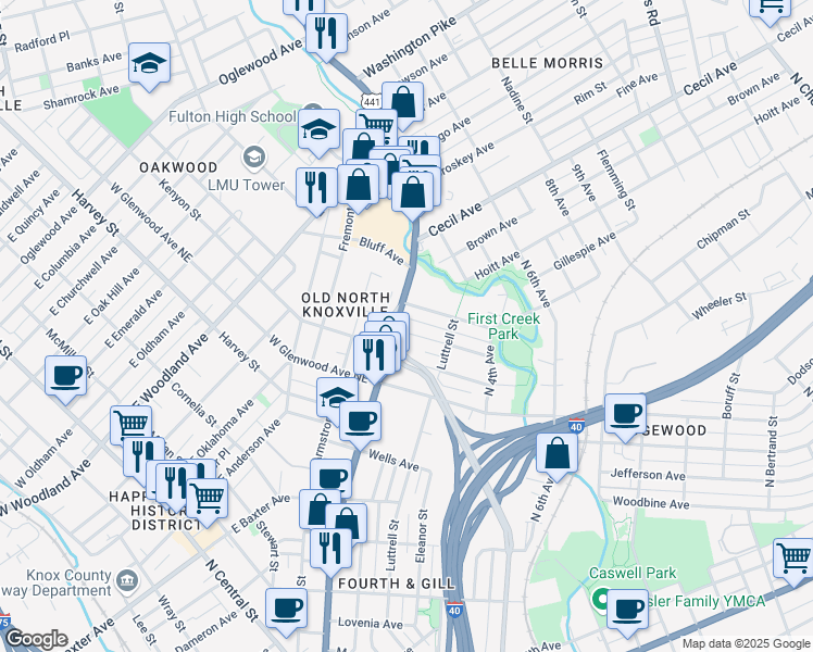 map of restaurants, bars, coffee shops, grocery stores, and more near 1616 North Broadway in Knoxville