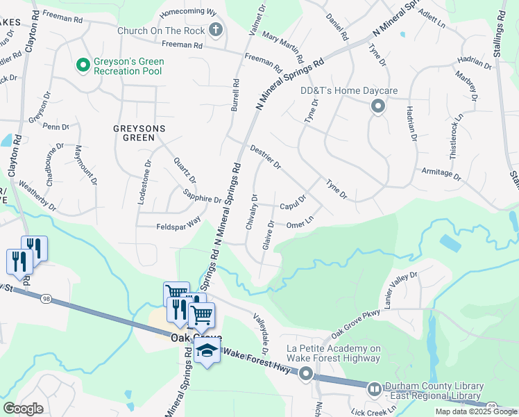 map of restaurants, bars, coffee shops, grocery stores, and more near 514 Chivalry Drive in Durham