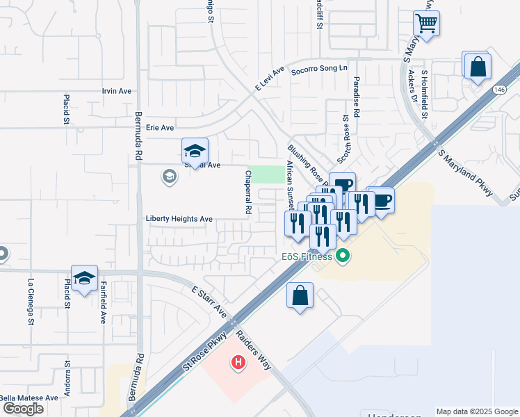 map of restaurants, bars, coffee shops, grocery stores, and more near 3634 Via Casentino in Henderson