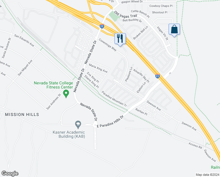map of restaurants, bars, coffee shops, grocery stores, and more near 1142 Paradise Garden Drive in Henderson