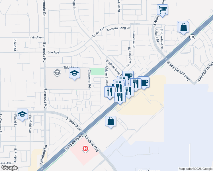 map of restaurants, bars, coffee shops, grocery stores, and more near 1104 Via Monticano in Henderson
