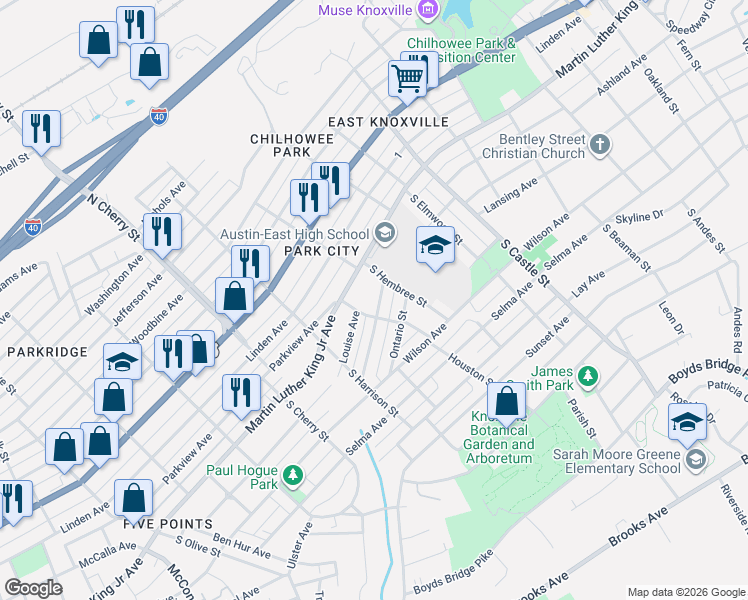 map of restaurants, bars, coffee shops, grocery stores, and more near 2818 Tarleton Avenue in Knoxville