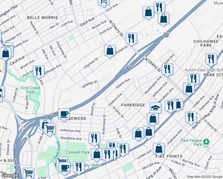map of restaurants, bars, coffee shops, grocery stores, and more near 2319 Adams Avenue in Knoxville