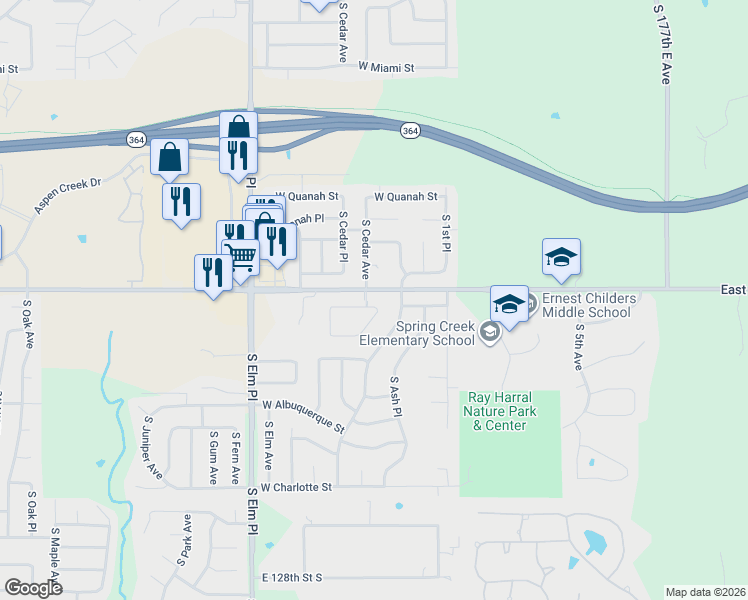 map of restaurants, bars, coffee shops, grocery stores, and more near 6601 South Cedar Avenue in Broken Arrow