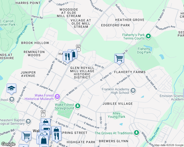 map of restaurants, bars, coffee shops, grocery stores, and more near 216 Wall Avenue in Wake Forest