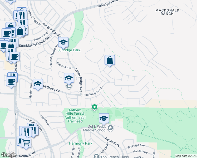 map of restaurants, bars, coffee shops, grocery stores, and more near 2261 Dakota Sky Ct in Henderson