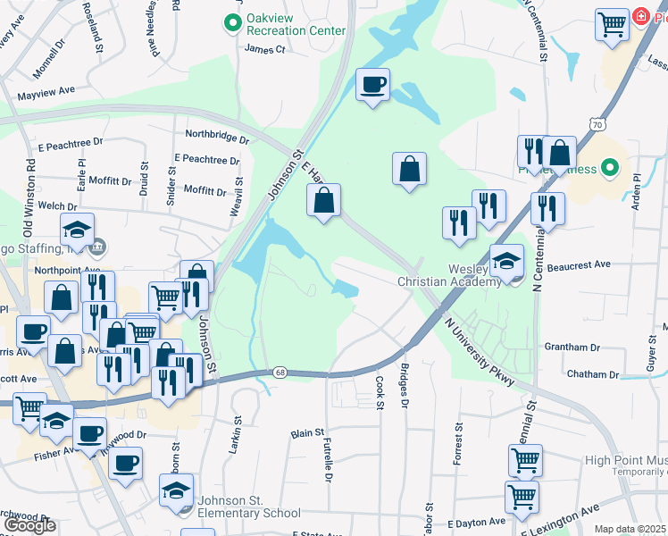 map of restaurants, bars, coffee shops, grocery stores, and more near 1629 Lakewood Drive in High Point
