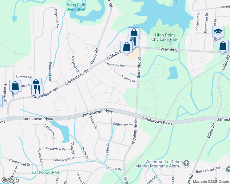 map of restaurants, bars, coffee shops, grocery stores, and more near in High Point
