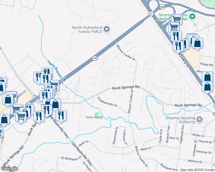 map of restaurants, bars, coffee shops, grocery stores, and more near 102 Tammy Circle in Smyrna