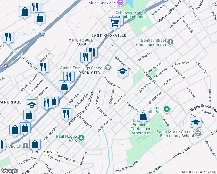 map of restaurants, bars, coffee shops, grocery stores, and more near 2818 Tarleton Avenue in Knoxville