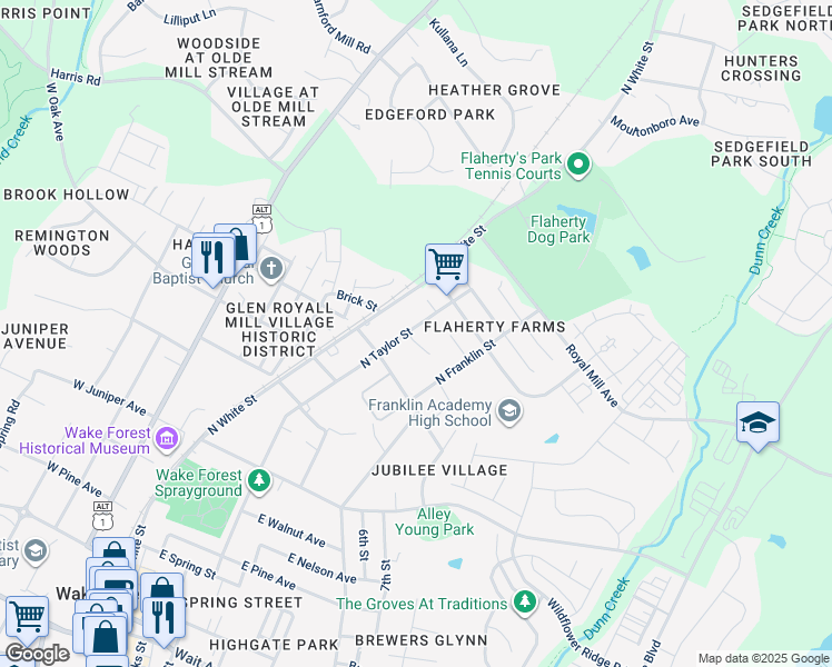 map of restaurants, bars, coffee shops, grocery stores, and more near 834 North Taylor Street in Wake Forest