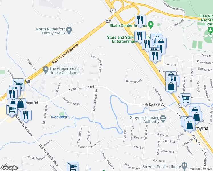 map of restaurants, bars, coffee shops, grocery stores, and more near 614 Rock Springs Road in Smyrna