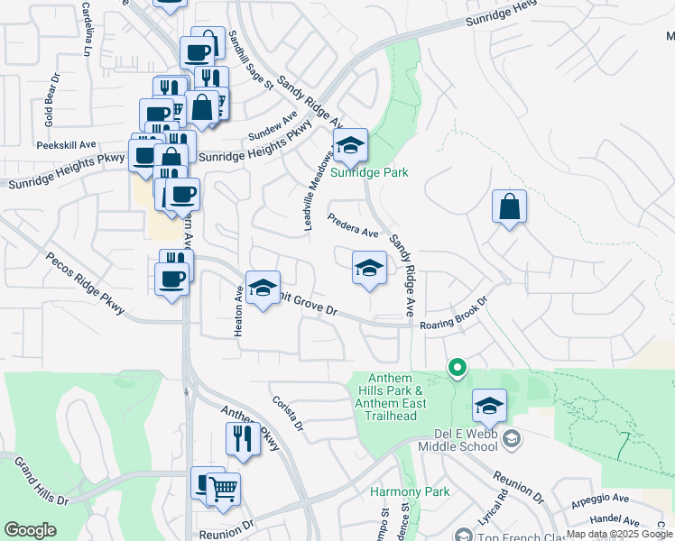 map of restaurants, bars, coffee shops, grocery stores, and more near 2411 Sunburst View Street in Henderson