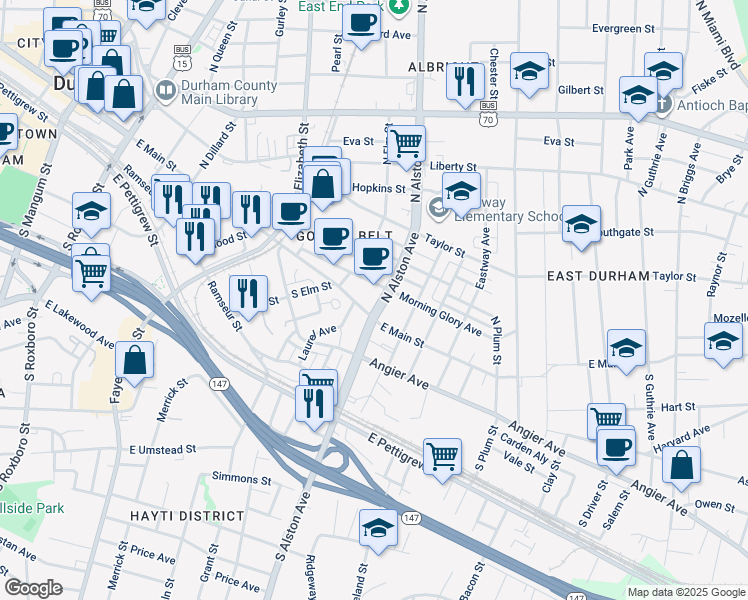 map of restaurants, bars, coffee shops, grocery stores, and more near 111 North Alston Avenue in Durham