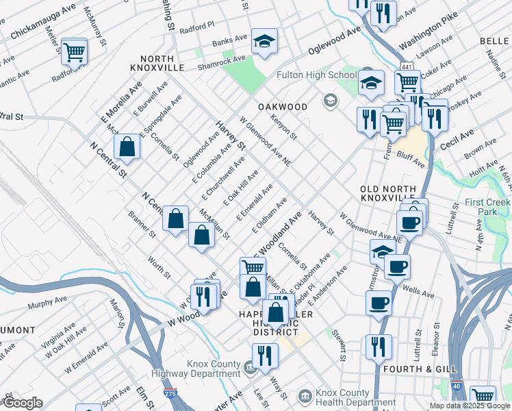 map of restaurants, bars, coffee shops, grocery stores, and more near 314 East Emerald Avenue in Knoxville