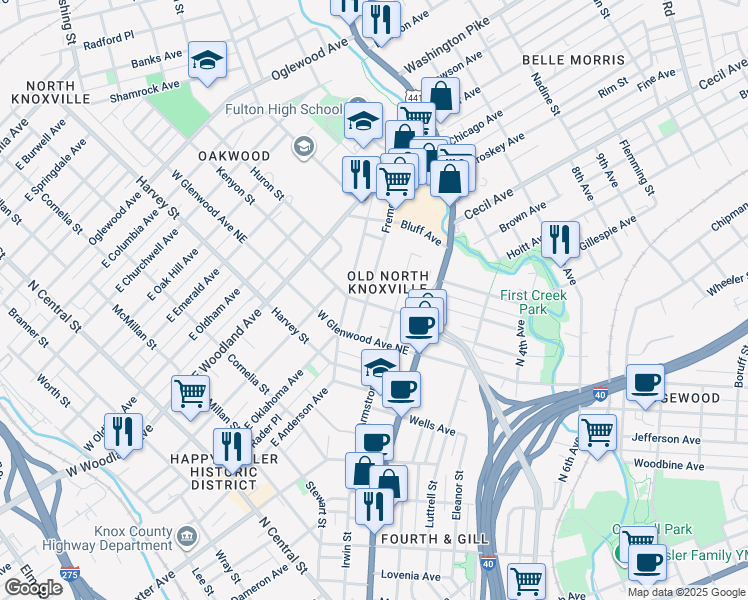 map of restaurants, bars, coffee shops, grocery stores, and more near 1120 Kenyon Street in Knoxville