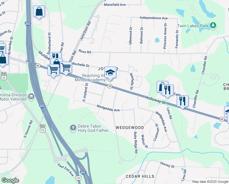 map of restaurants, bars, coffee shops, grocery stores, and more near 104 South Woodcrest Street in Durham
