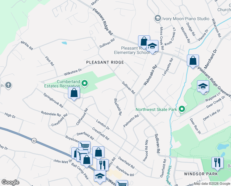 map of restaurants, bars, coffee shops, grocery stores, and more near 5201 Bluefield Road in Knoxville