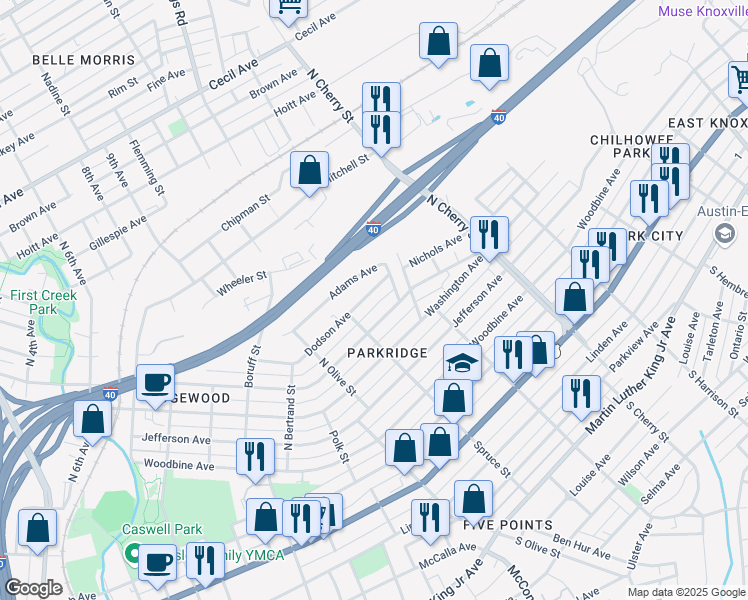 map of restaurants, bars, coffee shops, grocery stores, and more near 2424 Dodson Avenue in Knoxville