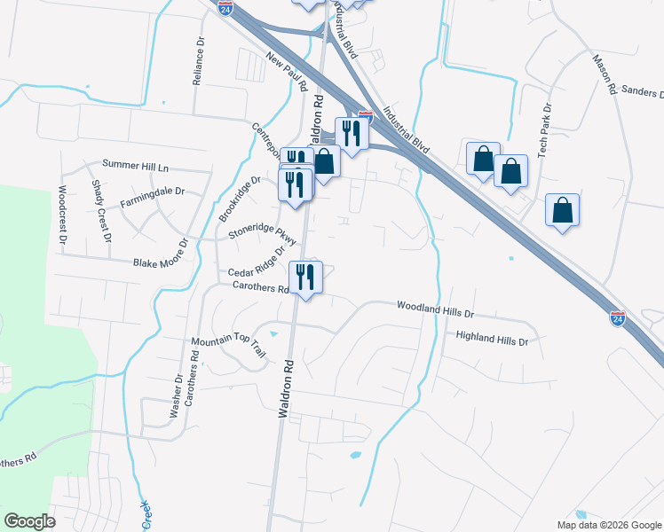 map of restaurants, bars, coffee shops, grocery stores, and more near 108 Kingsridge Drive in La Vergne