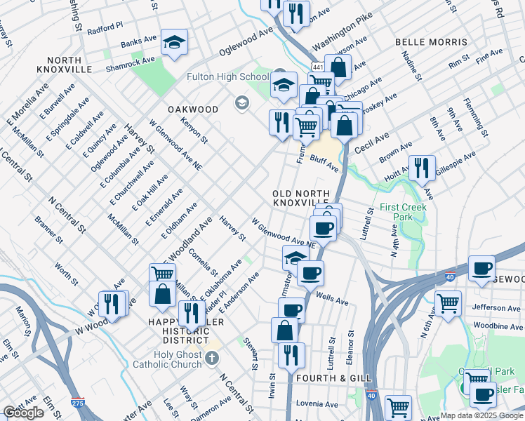 map of restaurants, bars, coffee shops, grocery stores, and more near 716 East Scott Avenue in Knoxville