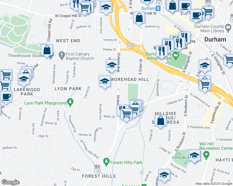 map of restaurants, bars, coffee shops, grocery stores, and more near 1212 Vickers Avenue in Durham