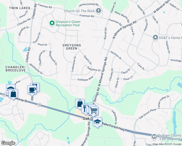 map of restaurants, bars, coffee shops, grocery stores, and more near 414 Quartz Drive in Durham