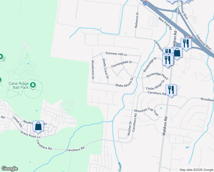 map of restaurants, bars, coffee shops, grocery stores, and more near 627 Blake Moore Dr in La Vergne