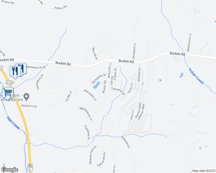 map of restaurants, bars, coffee shops, grocery stores, and more near Westcott Lane in Nolensville