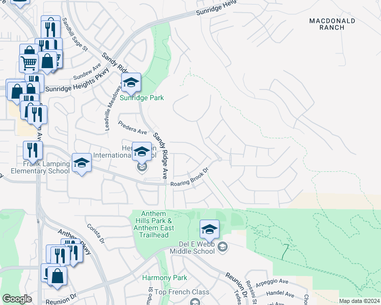 map of restaurants, bars, coffee shops, grocery stores, and more near 2276 Chestnut Ranch Avenue in Henderson