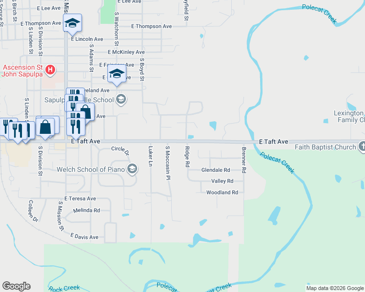 map of restaurants, bars, coffee shops, grocery stores, and more near 802 Ridge Road in Sapulpa