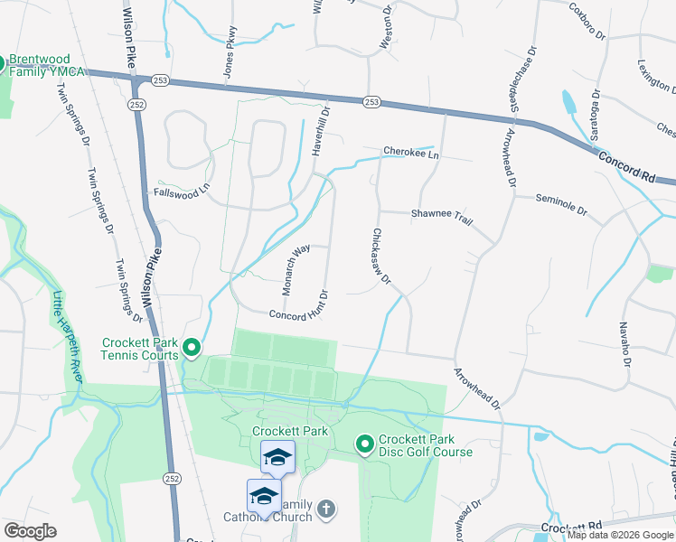map of restaurants, bars, coffee shops, grocery stores, and more near 1219 Concord Hunt Drive in Brentwood