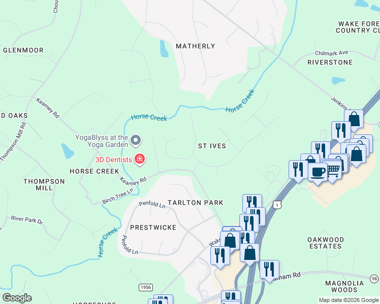 map of restaurants, bars, coffee shops, grocery stores, and more near 7301 Sparhawk Road in Wake Forest