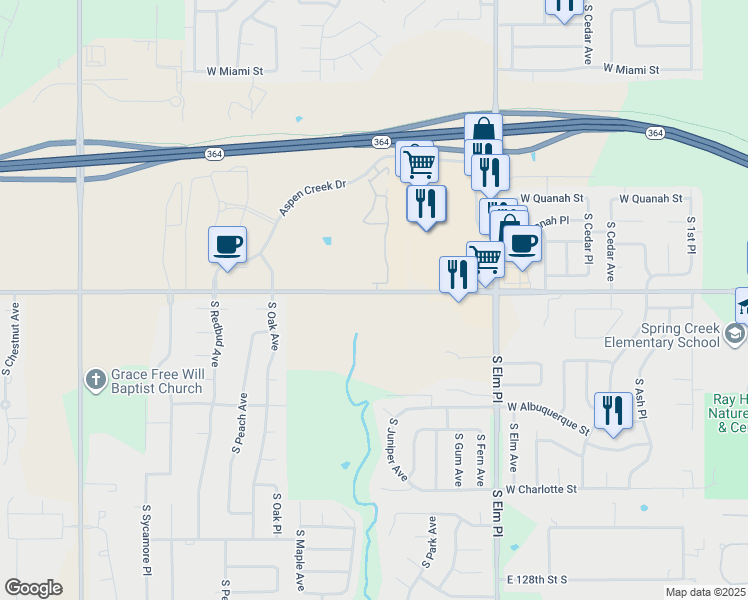 map of restaurants, bars, coffee shops, grocery stores, and more near 1241 West Tucson Street in Broken Arrow