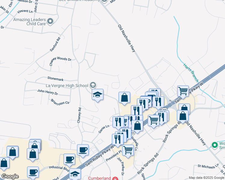 map of restaurants, bars, coffee shops, grocery stores, and more near 119 Pledge Court in La Vergne