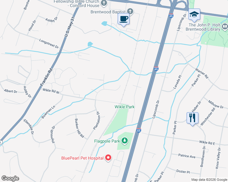map of restaurants, bars, coffee shops, grocery stores, and more near 1386 Moonlight Trail in Brentwood