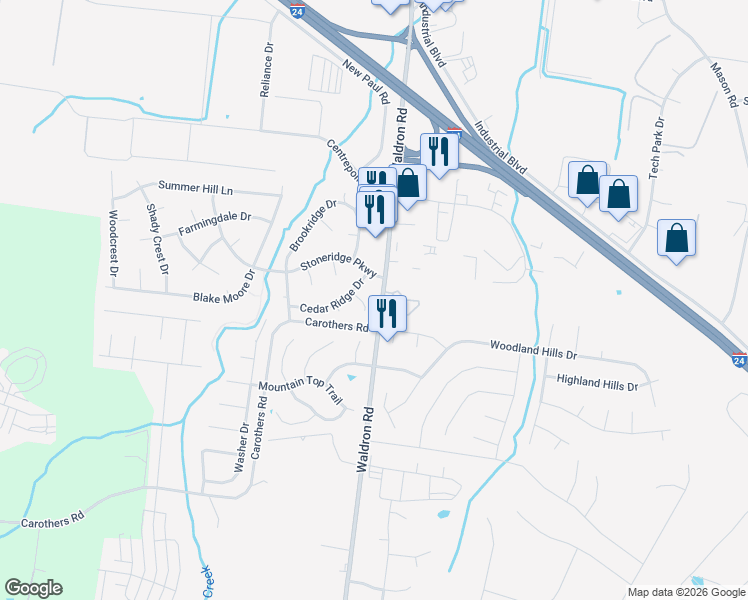 map of restaurants, bars, coffee shops, grocery stores, and more near 105 Ridgeview Ct in La Vergne