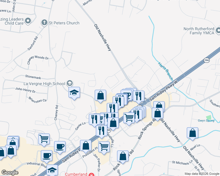 map of restaurants, bars, coffee shops, grocery stores, and more near 14531 Old Nashville Highway in Smyrna