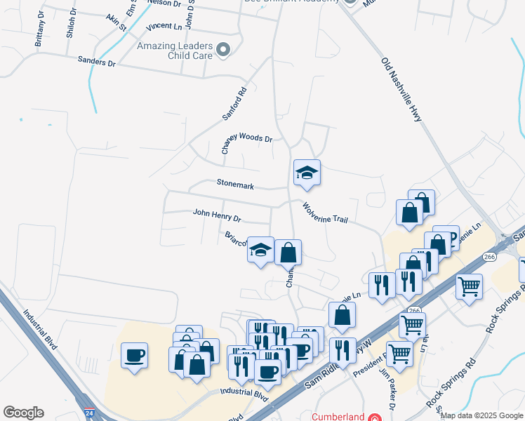 map of restaurants, bars, coffee shops, grocery stores, and more near 107 Wolverine Trail in La Vergne