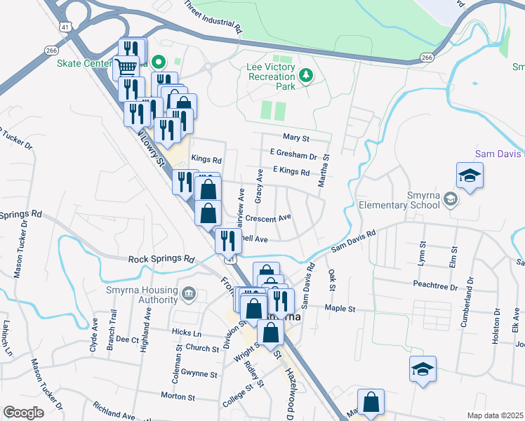map of restaurants, bars, coffee shops, grocery stores, and more near 303 Gracy Avenue in Smyrna
