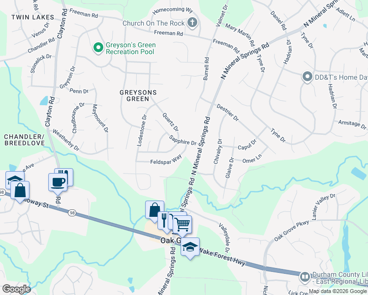 map of restaurants, bars, coffee shops, grocery stores, and more near 414 Quartz Drive in Durham